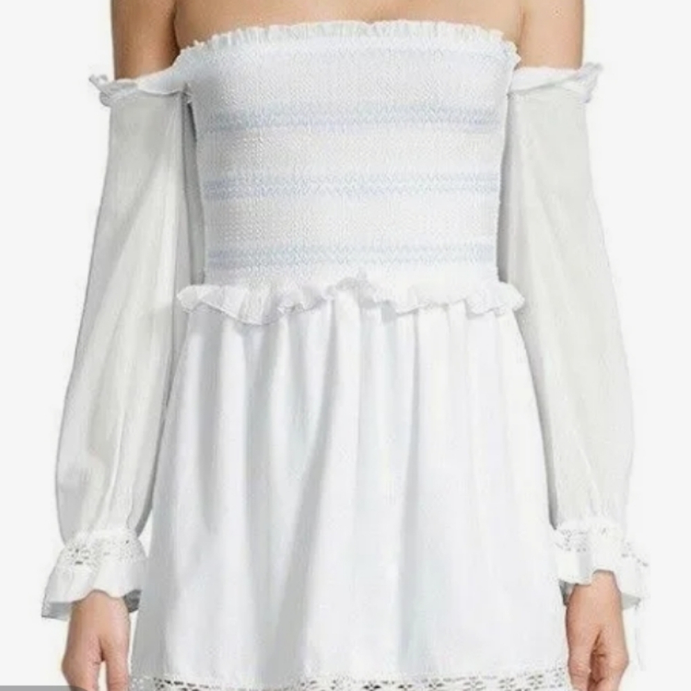 NEW! KISUII White Cotton Smocked Off The Shoulder Mini Dress XS. - Picture 3 of 3